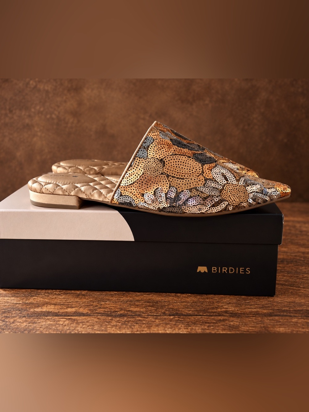 Birdies Gold Sequin Quilted Slides; The Dove; Floral Slides; Elegant Shoes